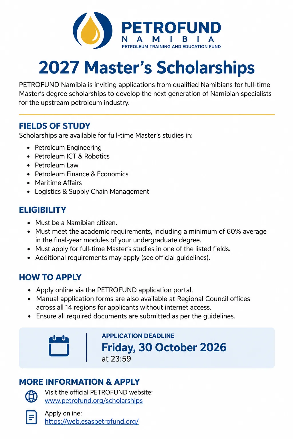 PETROFUND Namibia — 2027 Master’s Scholarships poster