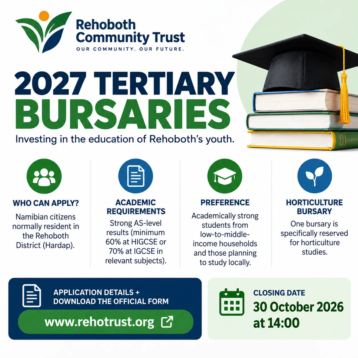 Rehoboth Community Trust — 2027 Tertiary Education Bursaries poster